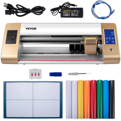 Bostome 18in vinyl cutter plotter with automatic camera, blades, mat, and colorful vinyl rolls.