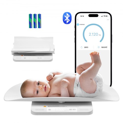Digital baby scale with Bluetooth, detachable tray, and auto-hold function for weight tracking.