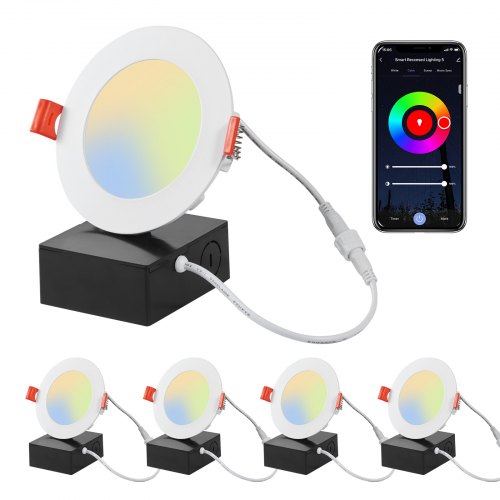 Four-pack of 10W dimmable LED recessed ceiling lights with app control and RGB colors.