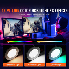 Four 10W dimmable LED recessed ceiling lights showing warm white, cool white, and RGB color modes.