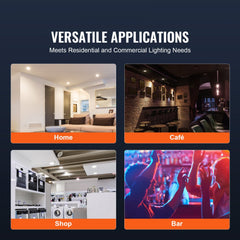 Collage showing 10W LED recessed ceiling lights installed in home, cafe, shop, and bar settings.