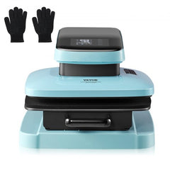 Bostome 15x15 inch auto heat press machine in blue with black base and two heat-resistant gloves.