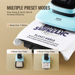Bostome 15x15 inch auto heat press machine in teal with three preset modes for T-shirts, pads, and bags.