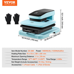 Blue Bostome 15x15-inch auto heat press machine with auto release, gloves, and dimensions shown.