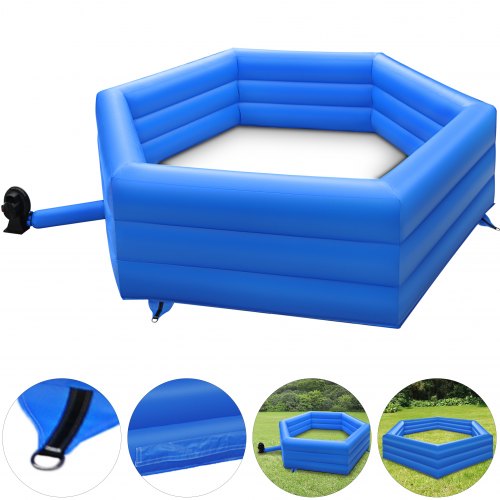 15ft inflatable gaga ball pit with high walls, detachable door, and included air pump.