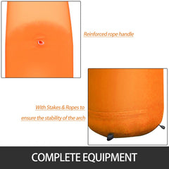 Orange inflatable arch with reinforced rope handle and stakes for stability on the ground