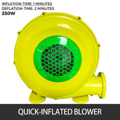 Yellow 250W blower with green accents for inflating and deflating in 1-2 minutes.