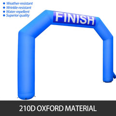 A 15-foot blue inflatable hexagon arch made of 210D Oxford material with "FINISH" lettering.