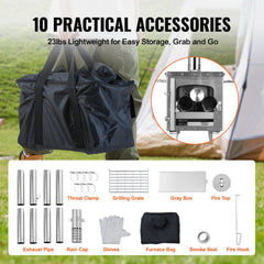 Portable stainless steel wood burning tent stove with chimney pipes and accessories for camping.