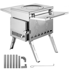 Bostome Portable Tent Wood Stove made of 304 stainless steel with foldable legs and chimney pipes.