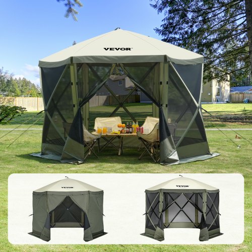 A 10x10ft pop-up screen tent with six sides, privacy walls, and mesh windows for ventilation.