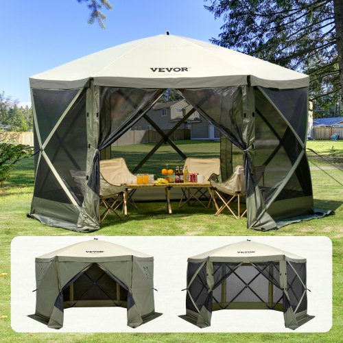 Army green 12x12FT pop-up gazebo screen tent with six sides and mesh windows.
