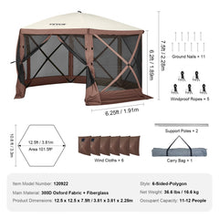 Brown 12.5x12.5 ft pop-up screen tent with privacy cloths and fiberglass frame.