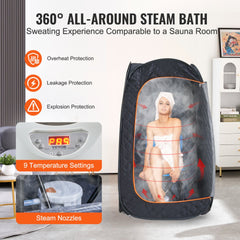 Black compact personal steam sauna tent with 360-degree steam, control panel, and safety features.
