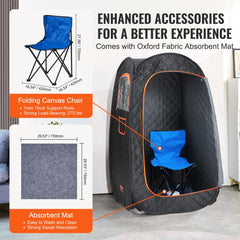 Black compact personal steam sauna tent with blue folding chair and absorbent mat inside.