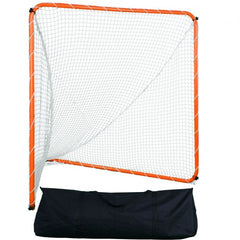 Orange steel frame 6x6ft portable lacrosse goal with white net and black carry bag.