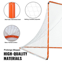 Orange steel frame portable 6x6ft lacrosse goal with knotless polyester net.
