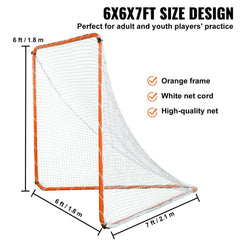 Orange steel frame lacrosse goal with white net, measuring 6x6x7 feet for practice.