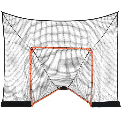 A 12x9ft black net backstop with orange goal frame for lacrosse and hockey.