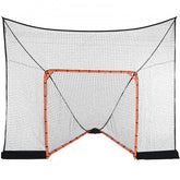 A 12x9ft black net backstop with orange goal frame for lacrosse and hockey.