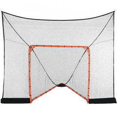 A 12x9ft black net backstop with orange goal frame for lacrosse and hockey.