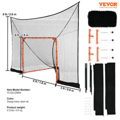 Orange frame lacrosse hockey goal backstop net, 12x9ft with black netting.
