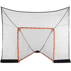 A 12x9ft black lacrosse and hockey goal backstop net with orange frame.