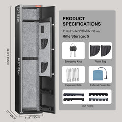 Tall black gun safe with fingerprint lock, removable shelf, pistol bags, and emergency keys.