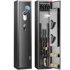 Black gun safe for 5 rifles with fingerprint lock, open view showing interior racks and shelf.