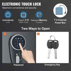 Bostome 6-gun rifle safe with digital keypad, removable shelf, and emergency key access.