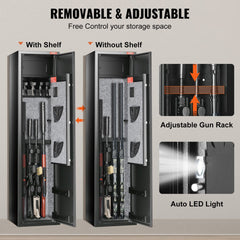 Bostome 6-gun rifle safe with digital keypad, removable shelf, adjustable gun rack, and auto LED light.