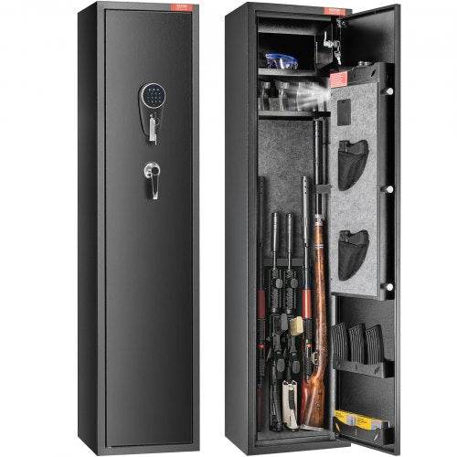 Black gun safe with digital keypad lock, open door showing space for 5 rifles and storage shelf.