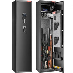 Black gun safe with digital keypad lock, open door showing space for 5 rifles and storage shelf.