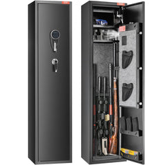 Black gun safe with digital keypad lock, open door showing space for 5 rifles, shelves, and pistol storage.