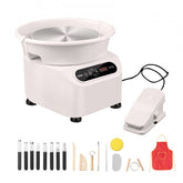 White 11-inch electric pottery wheel with LCD screen, foot pedal, and 17-piece tool set including apron.