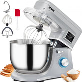 Gray Bostome 7.4 Qt stand mixer with LCD screen and three attachments for efficient mixing.