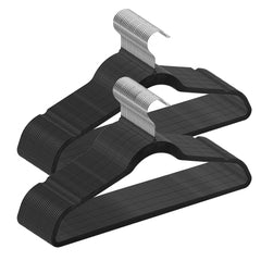 Two black velvet clothes hangers with silver swivel hooks and slim non-slip design.