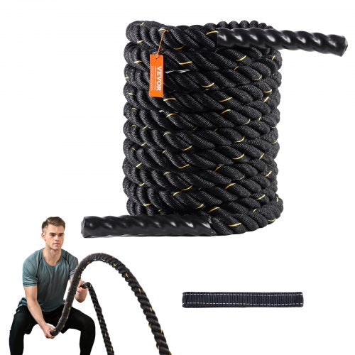 Coiled black 1.5 inch thick polyester battle rope with protective handles and carrying strap.