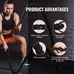 Woman using a 1.5-inch diameter, 30-foot black polyester battle rope for training, with close-ups of its heavy three-strand twist, high tensile strength, and comfortable non-slip handles.