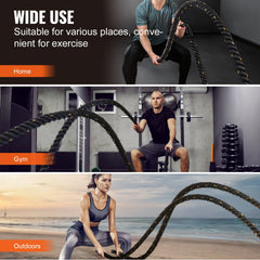 Man using a 30ft black polyester battle rope for training in home, gym, and outdoor settings.