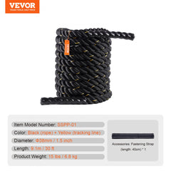 Black and yellow 30ft battle rope with a fastening strap accessory on white background.