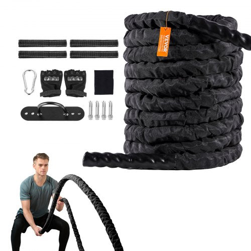A 40-foot, 1.5-inch thick battle rope with a durable polyester construction and protective sleeve.