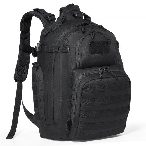 Black 25L tactical military backpack with MOLLE webbing and multiple compartments.