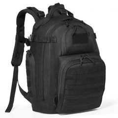 Black 25L tactical military backpack with MOLLE webbing and multiple compartments.