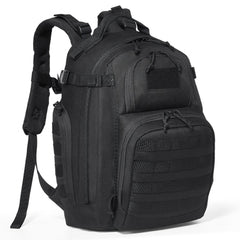 Black 25L tactical military backpack with MOLLE webbing and multiple compartments.
