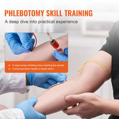 Phlebotomy practice kit with IV venipuncture training arm, showing gloved hands inserting needle into arm for blood draw.