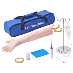Blue phlebotomy training arm with IV stand, syringes, tubing, and carrying bag.