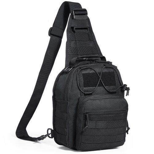 Black tactical sling bag with MOLLE webbing and adjustable strap.