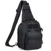 Black tactical sling bag with MOLLE webbing and adjustable strap.