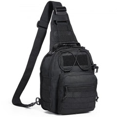 Black tactical sling bag with MOLLE webbing and adjustable strap.